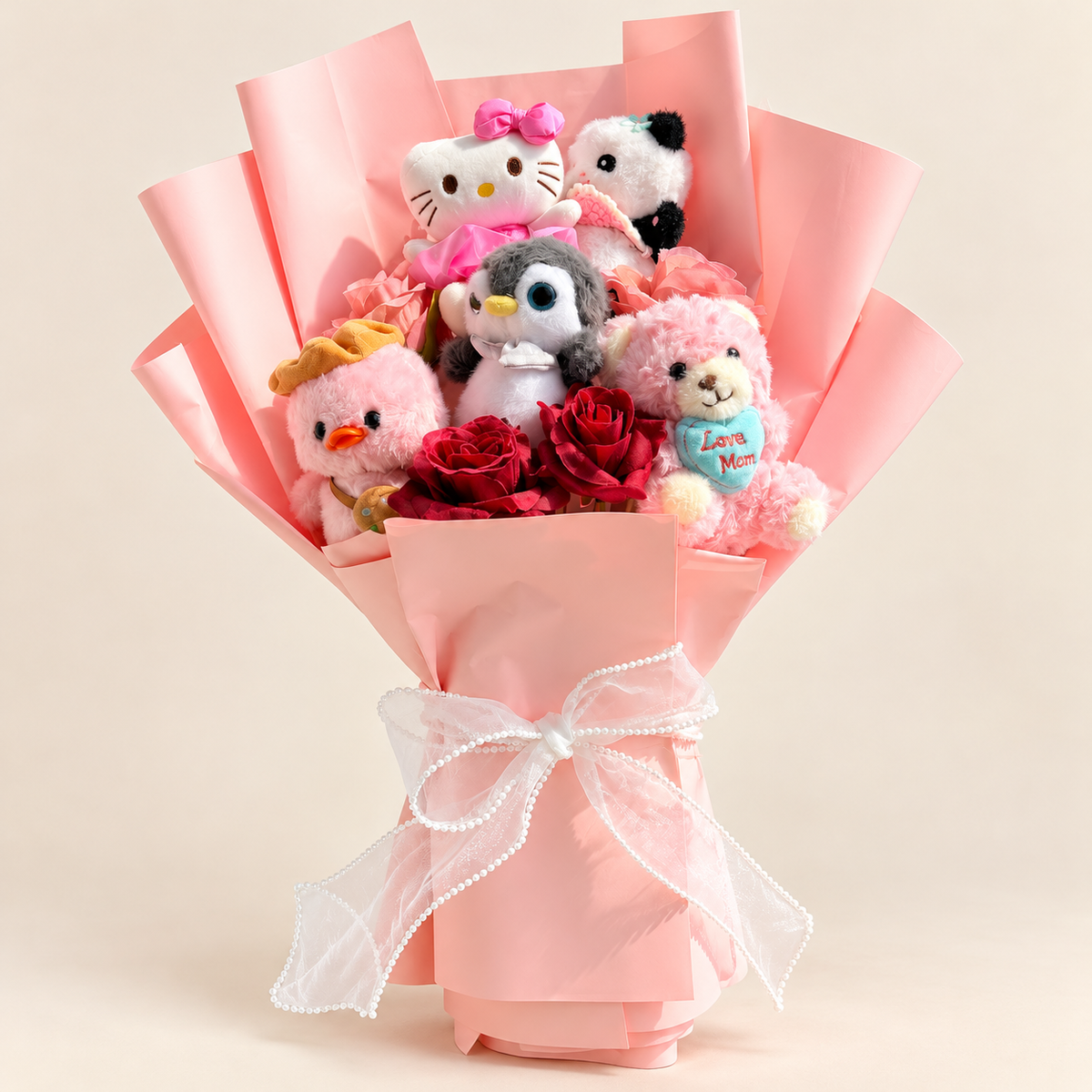 Pink Plush Toy & Rose Bouquet with five plush toys, red roses and white pearl-edged bow