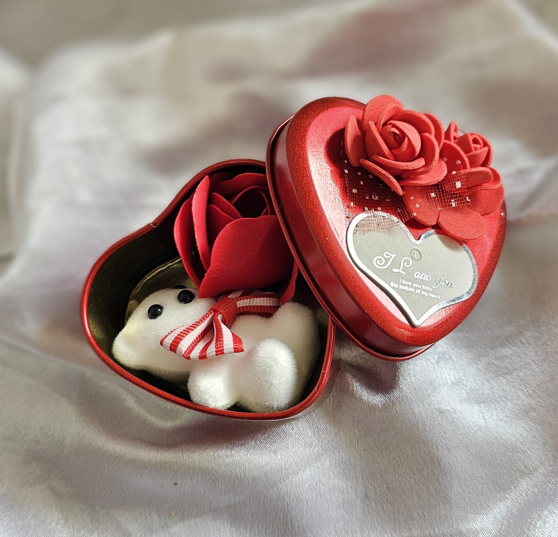 Heart shape Box With Teddy And Rose