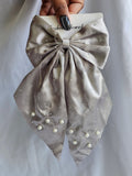 Silver Mist Pearl Bow – (Light Grey with pearls)
