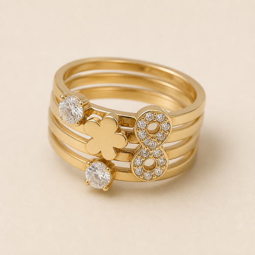 Anti-Tarnish 4-in-1 Flower and Infinity Stackable Ring Set worn together