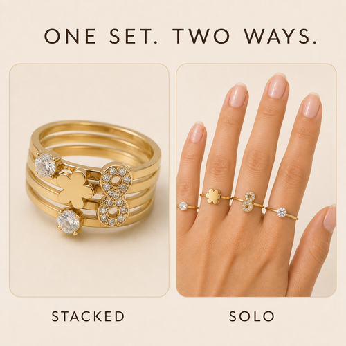 Anti-Tarnish 4-in-1 Flower and Infinity Stackable Ring Set shown stacked and individually