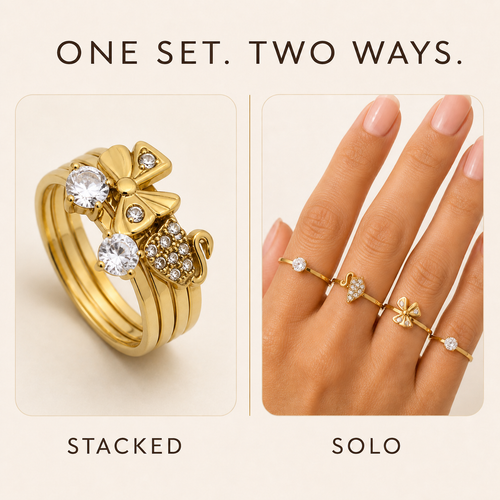 Anti-Tarnish 4-in-1 Stackable Ring Set shown stacked together and worn individually