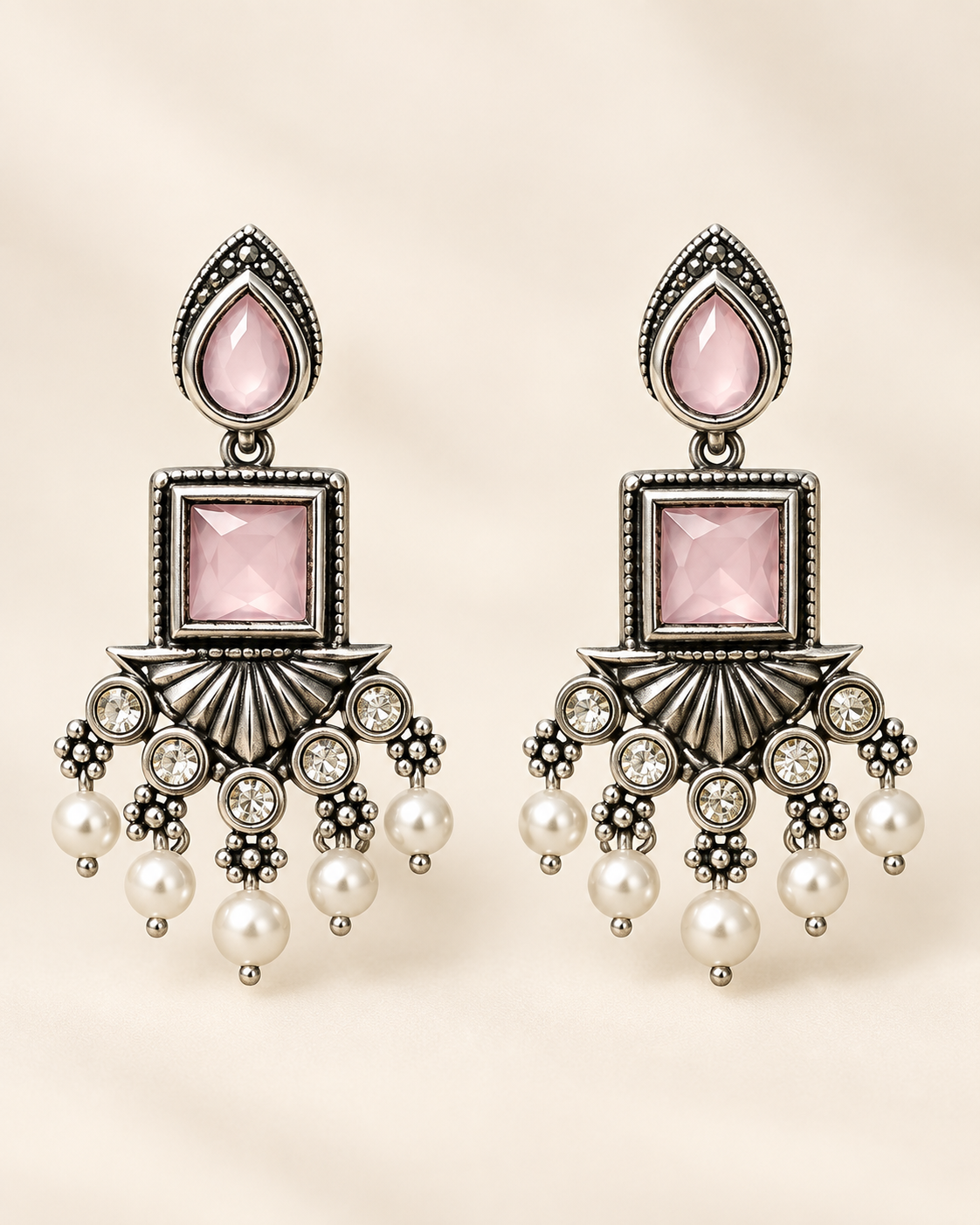 Blush Pink Gemstone Pearl Chandelier Earrings — product photo