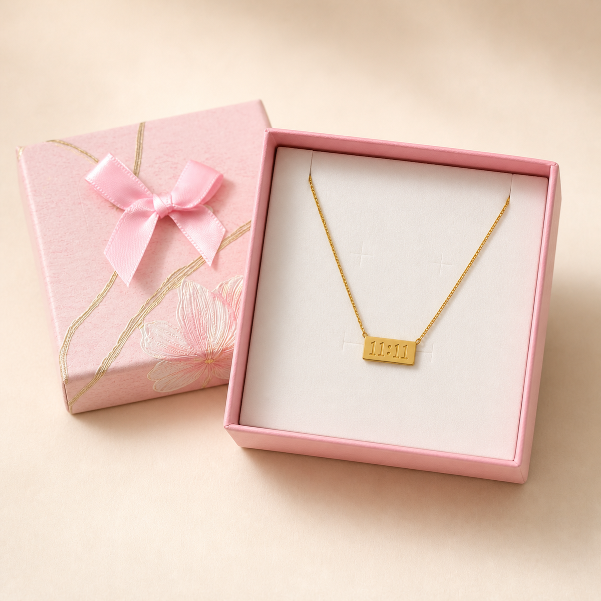11:11 Engraved Pendant Necklace in a Pink Floral gift box