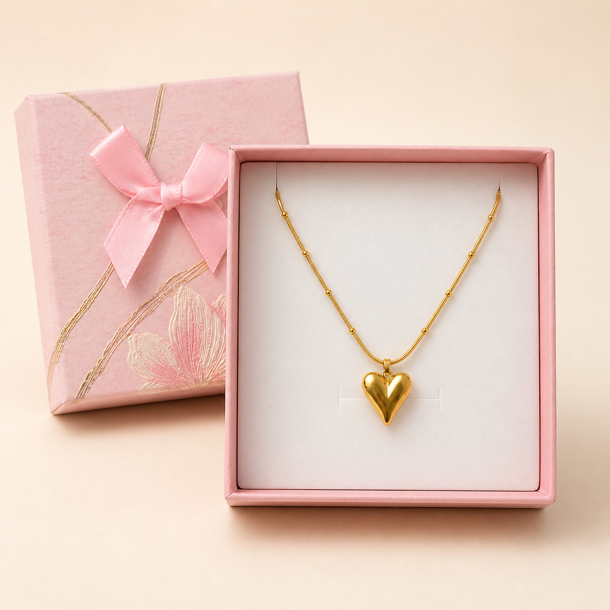 Anti-Tarnish Heart Pendant (Beaded Chain) in a Pink Floral Box gift box