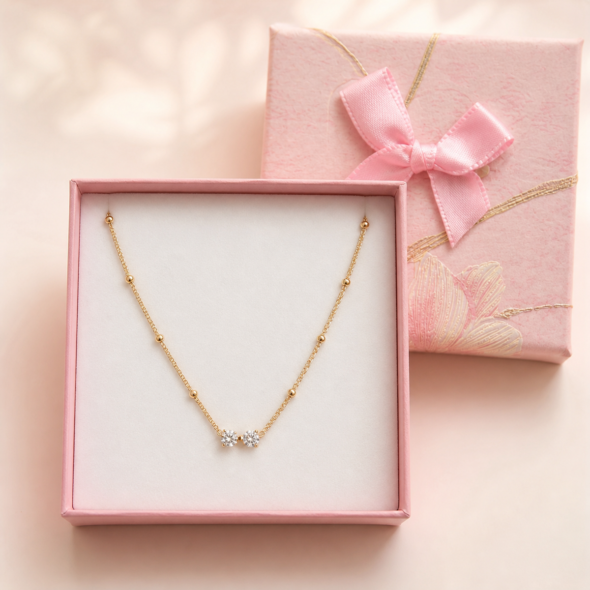 Anti-Tarnish Bow Pendant in a Pink Floral Box gift box