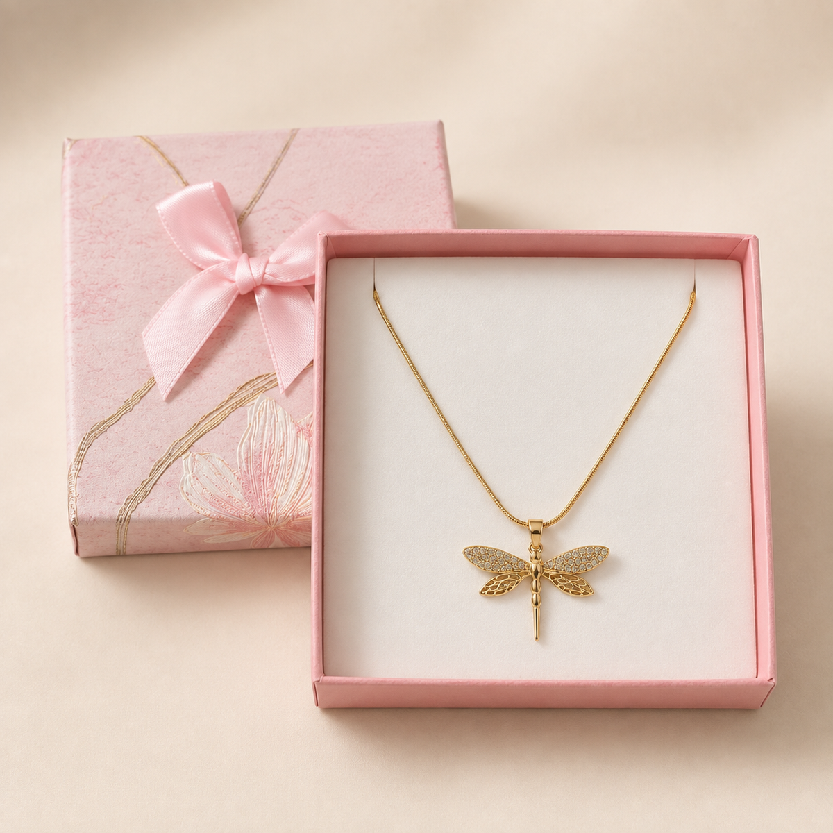 Crystal Dragonfly Pendant Necklace in a Pink Floral Box gift box
