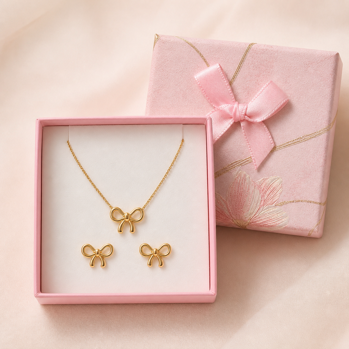 Anti-Tarnish Bow Necklace & Earrings Set in a Pink Floral Box gift box