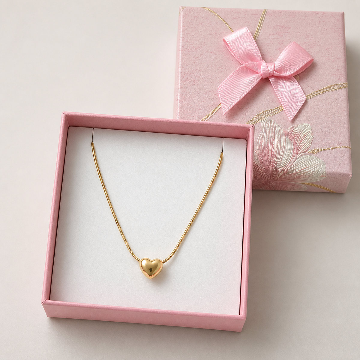Anti-Tarnish Golden Heart pendant in a Pink Floral Box gift box