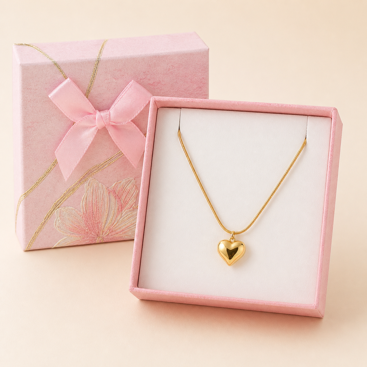 Anti-Tarnish Heart Pendant (Snake Chain) in a Pink Floral Box gift box