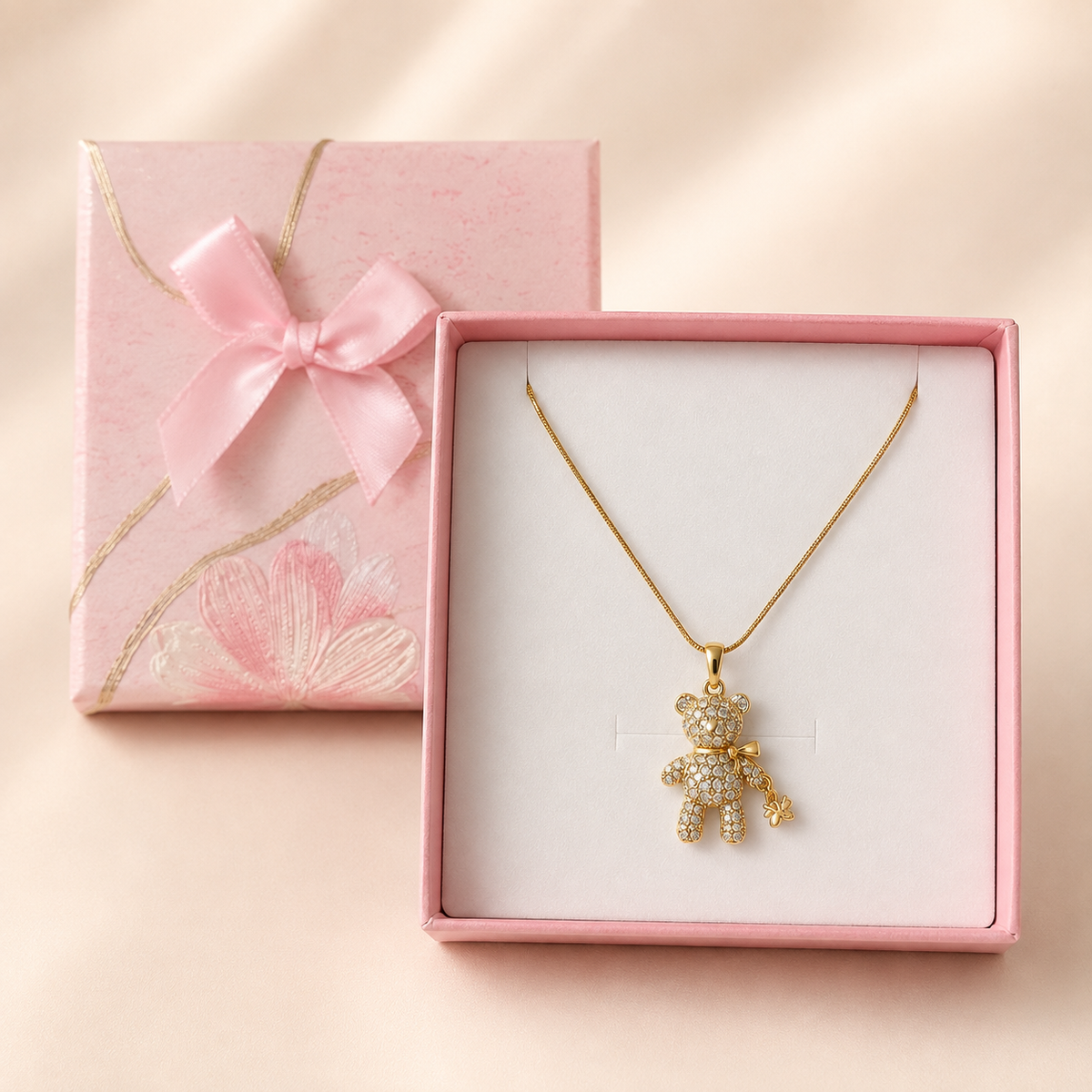 Crystal Teddy Bear Pendant Necklace in a Pink Floral Box gift box