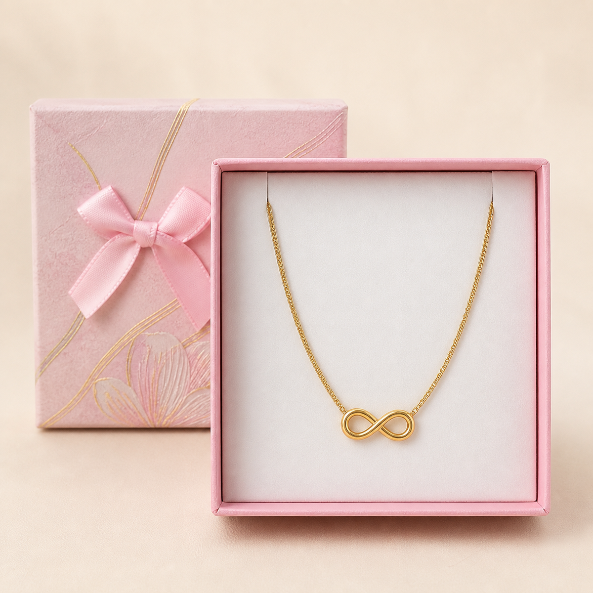 Anti-Tarnish infinity Necklace in a Pink Floral Box gift box