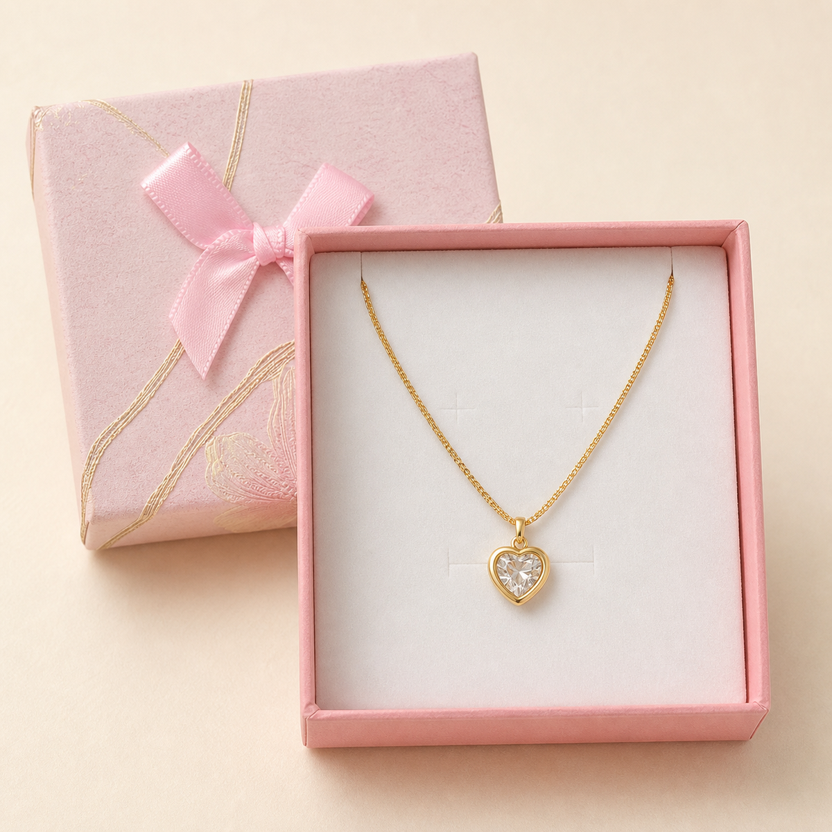Crystal Heart Bezel Pendant or Minimalist Heart pendant (anti-tarnish) in a Pink Floral Box gift box