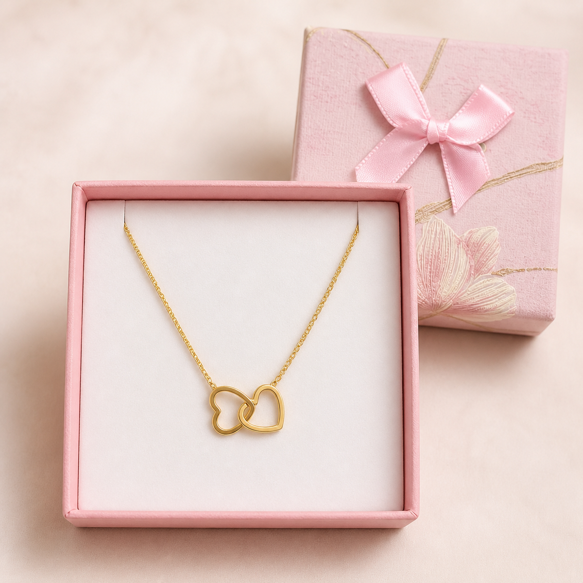 Anti-Tarnish Double Heart Pendant in a Pink Floral Box gift box