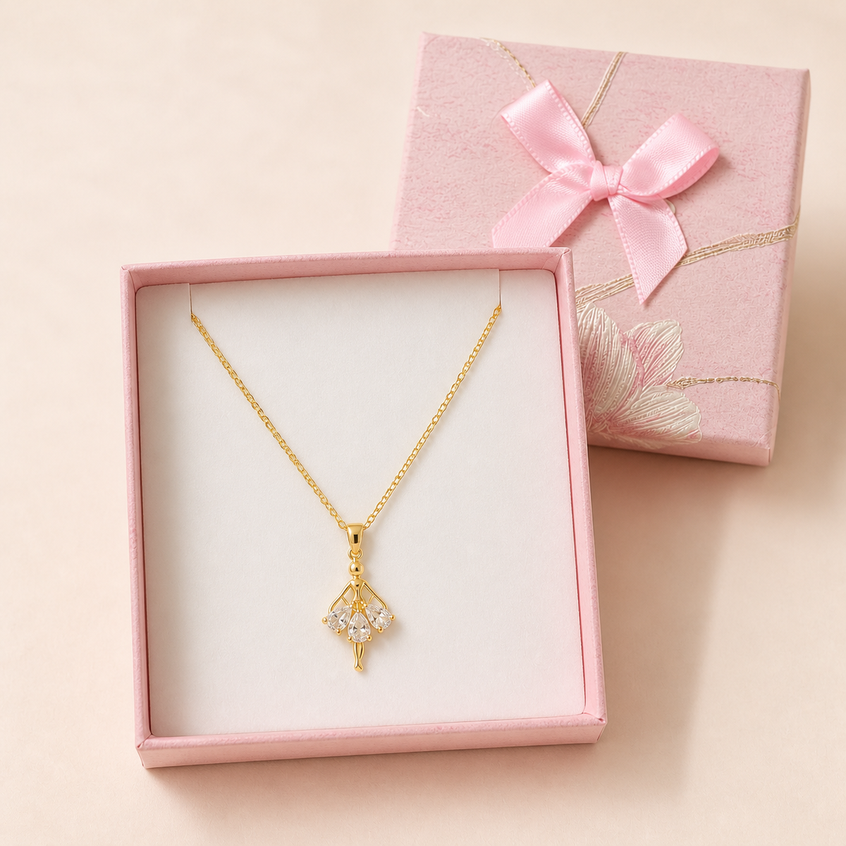 Anti-Tarnish Ballerina Pendant in a Pink Floral Box gift box