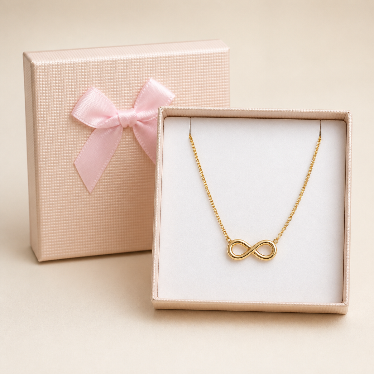 Anti-Tarnish infinity Necklace in a Cream Bow Box gift box