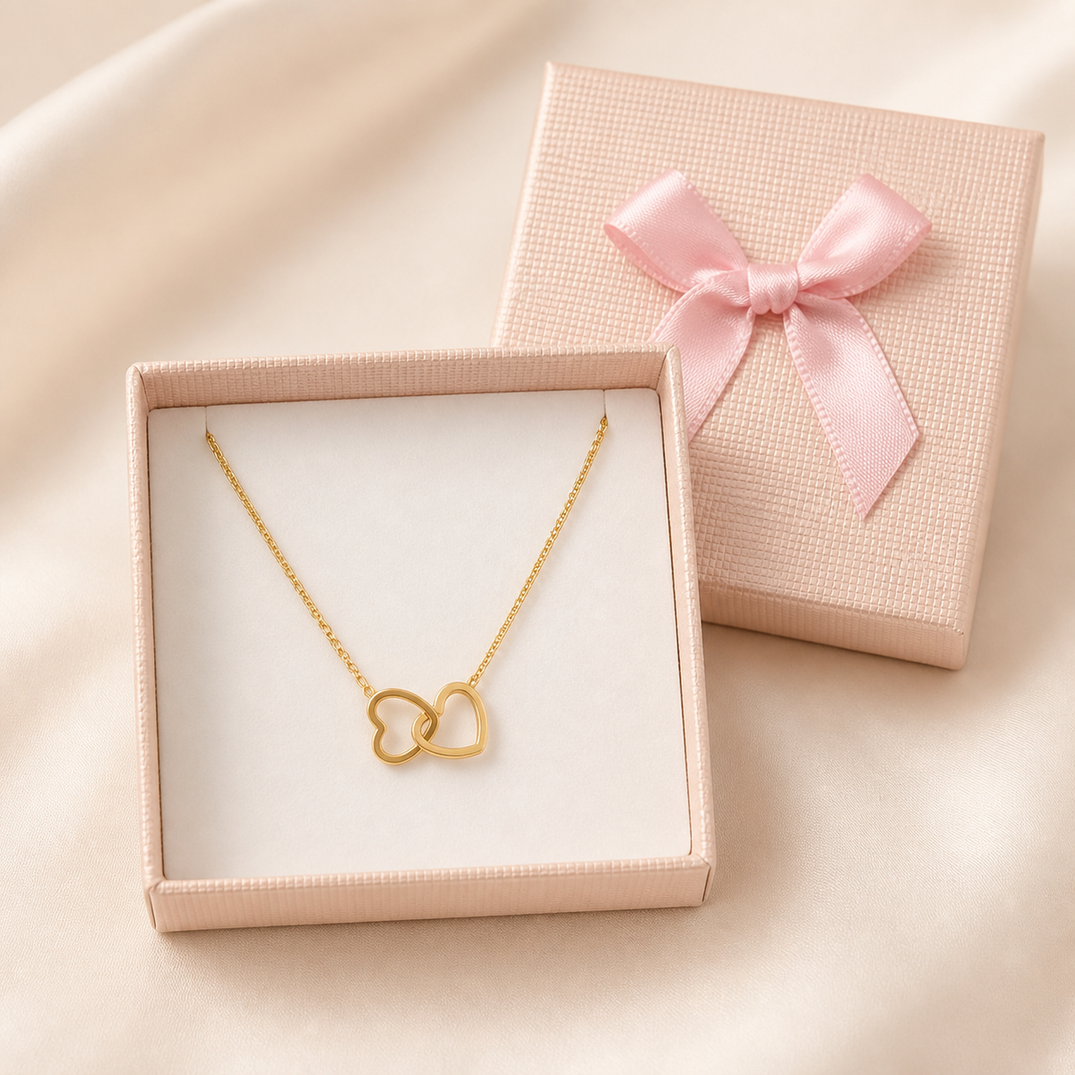 Anti-Tarnish Double Heart Pendant in a Cream Bow Box gift box