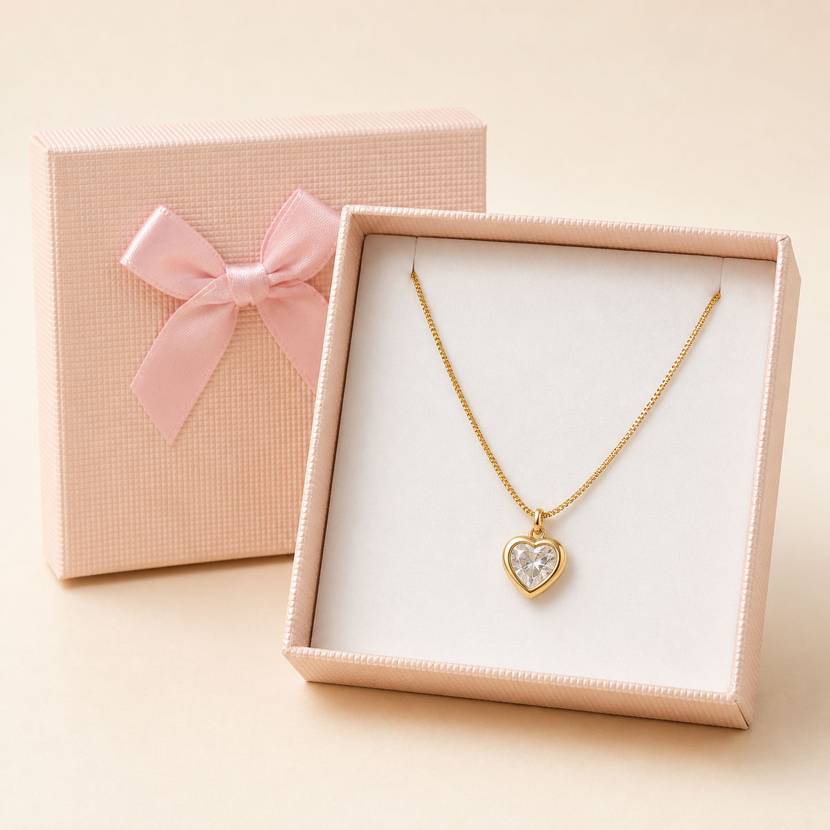 Crystal Heart Bezel Pendant or Minimalist Heart pendant (anti-tarnish) in a Cream Bow Box gift box