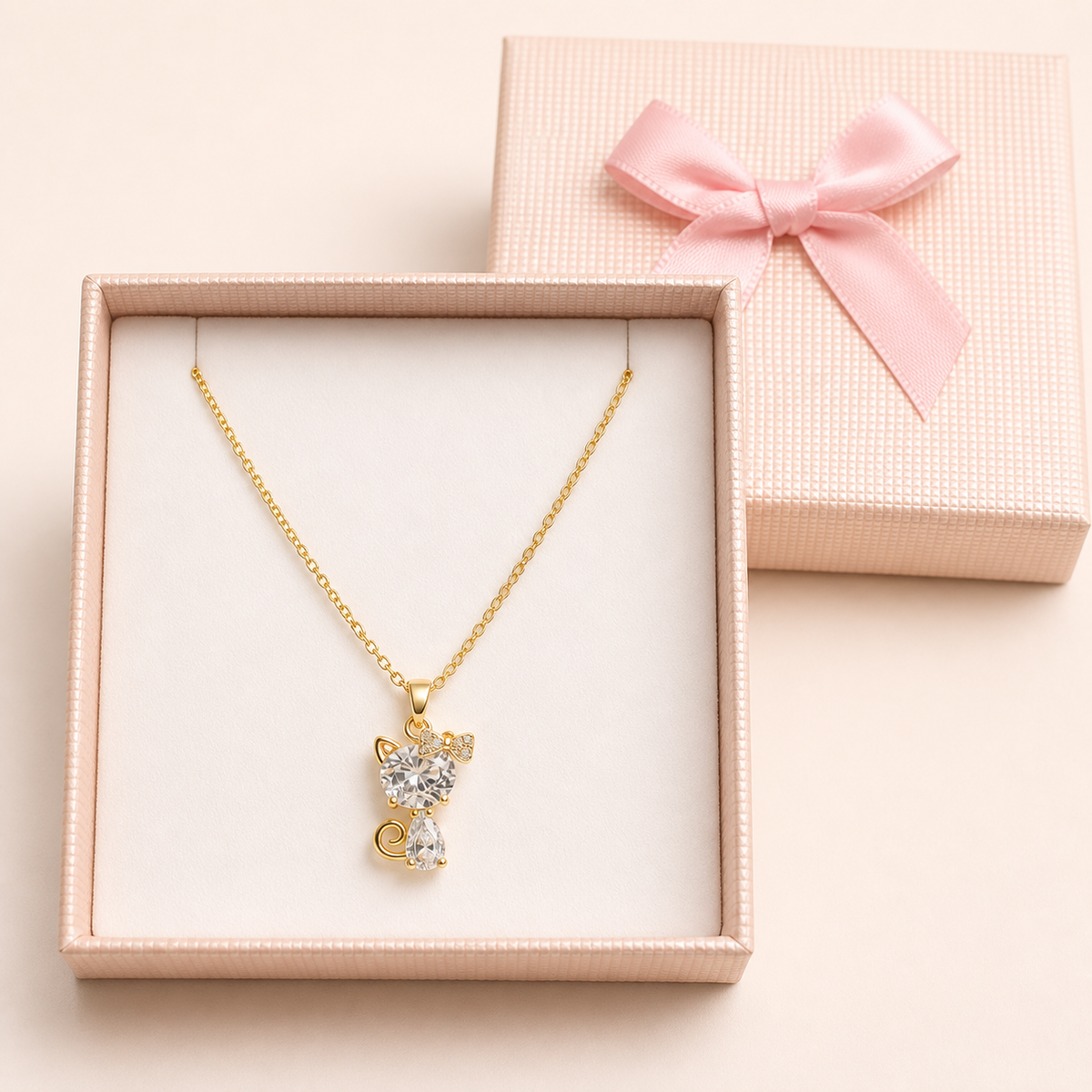 Anti-Tarnish Cat Pendant in a Cream Bow Box gift box