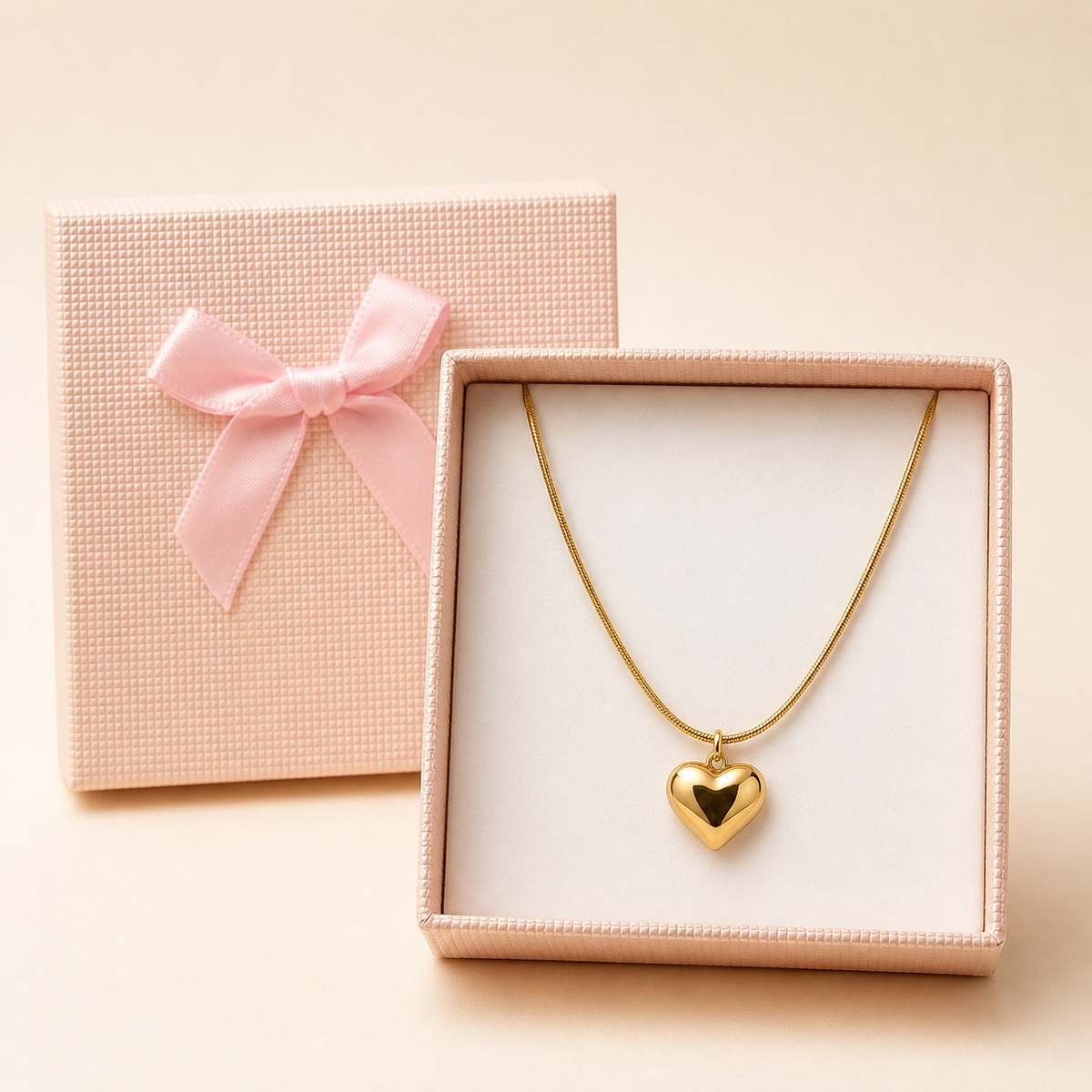 Anti-Tarnish Heart Pendant (Snake Chain) in a Cream Bow Box gift box
