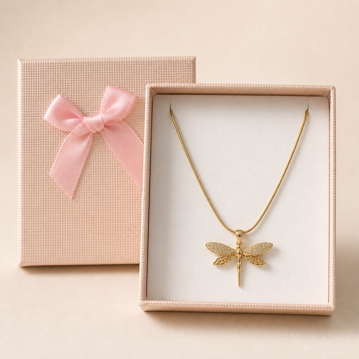 Crystal Dragonfly Pendant Necklace in a Cream Bow Box gift box