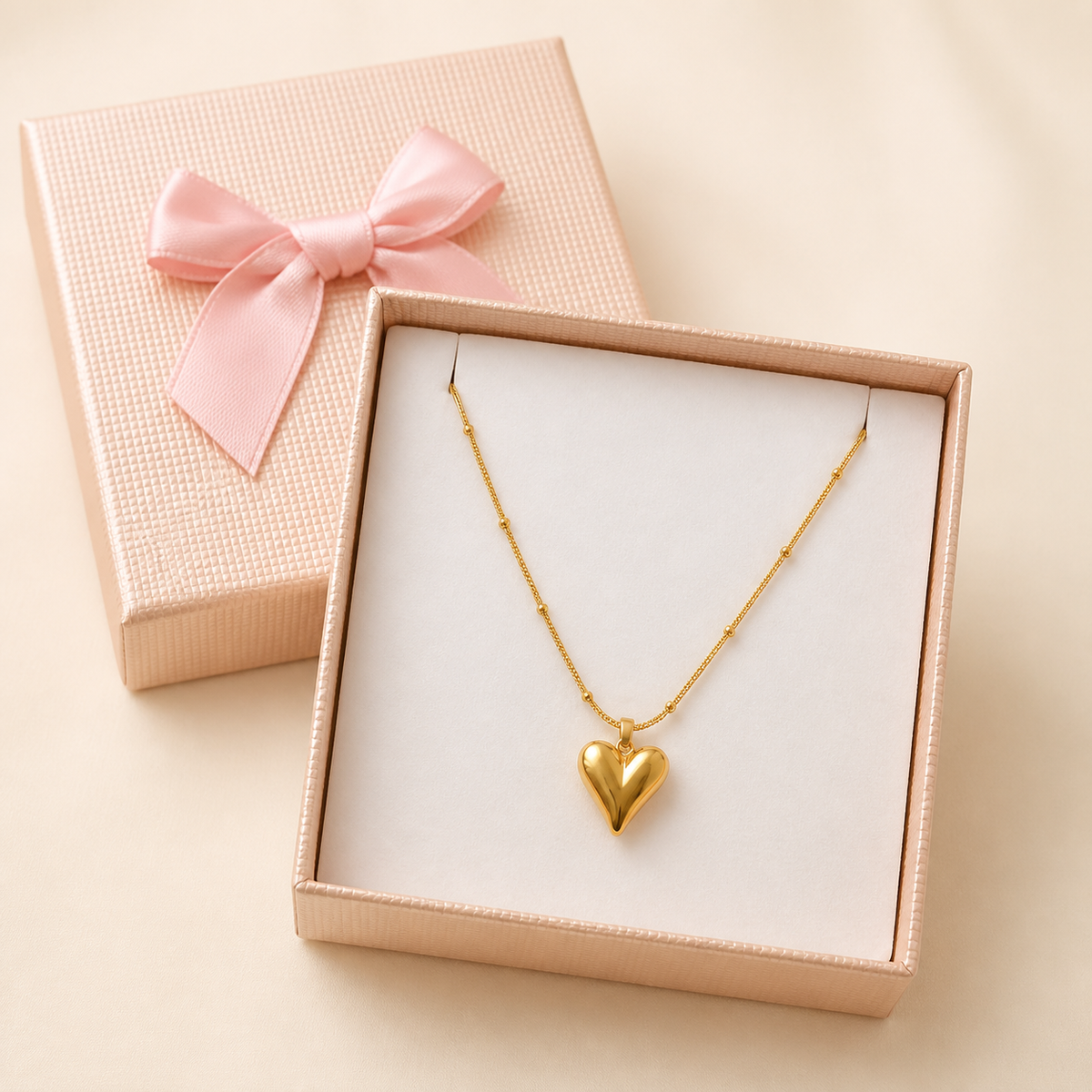 Anti-Tarnish Heart Pendant (Beaded Chain) in a Cream Bow Box gift box