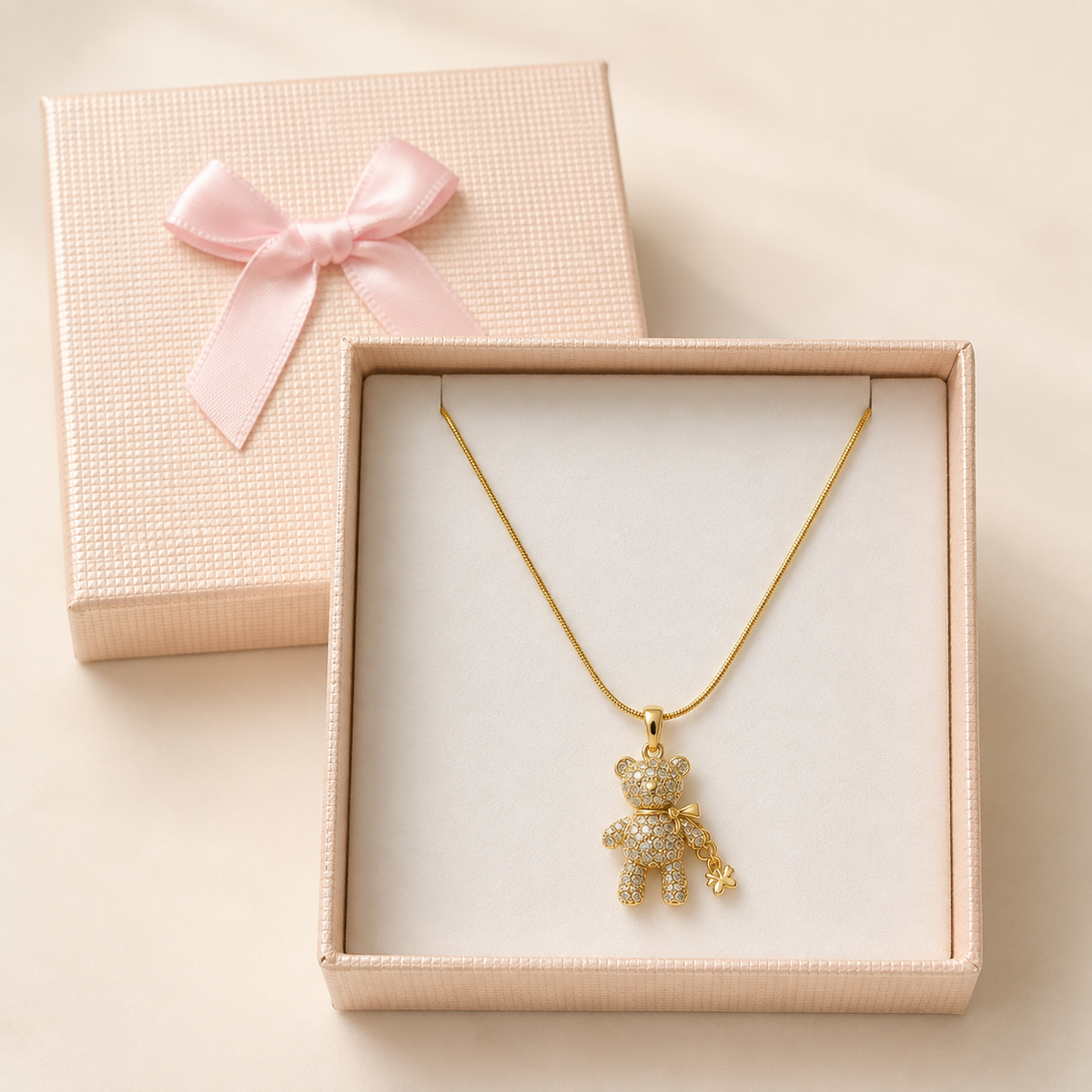 Crystal Teddy Bear Pendant Necklace in a Cream Bow Box gift box