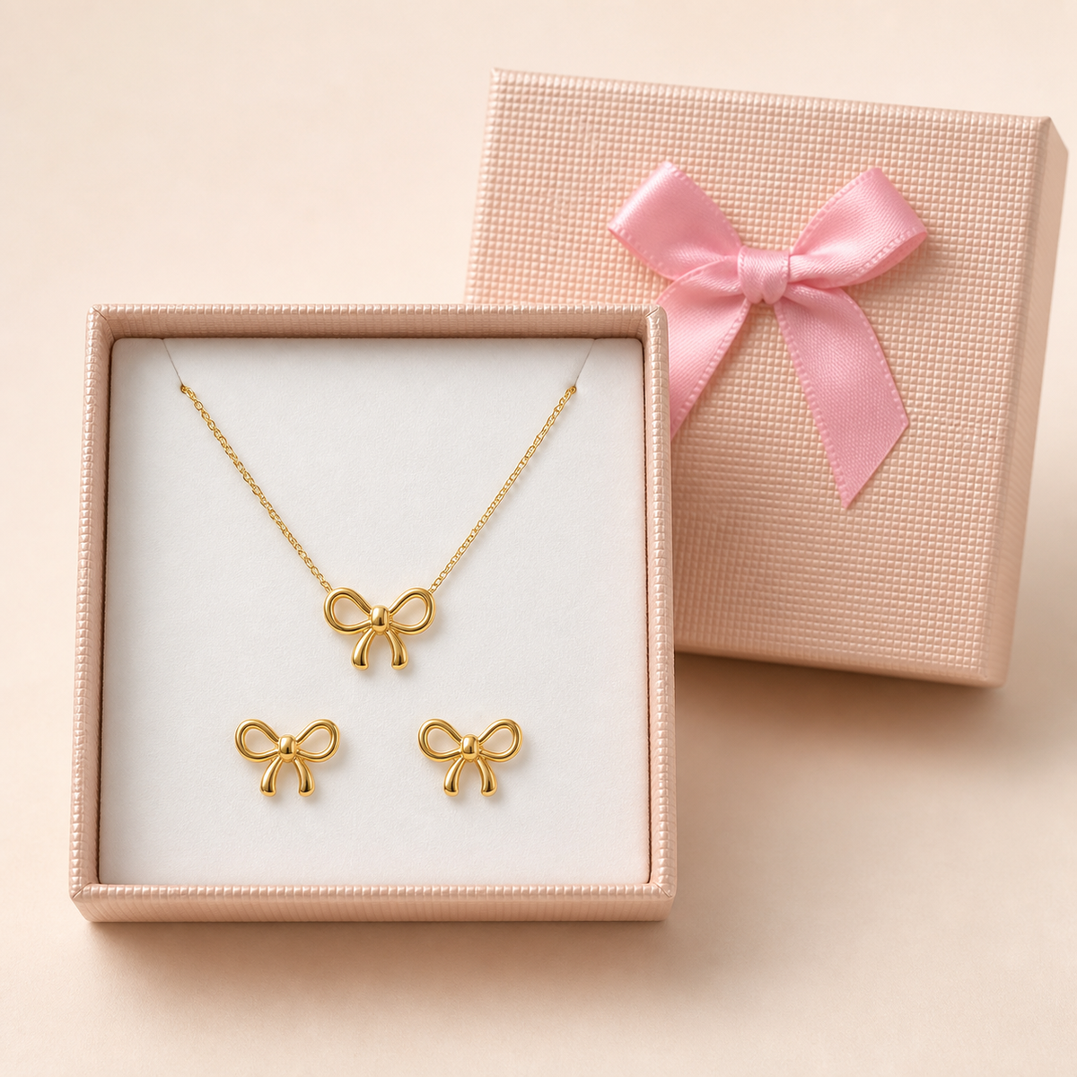 Anti-Tarnish Bow Necklace & Earrings Set in a Cream Bow Box gift box