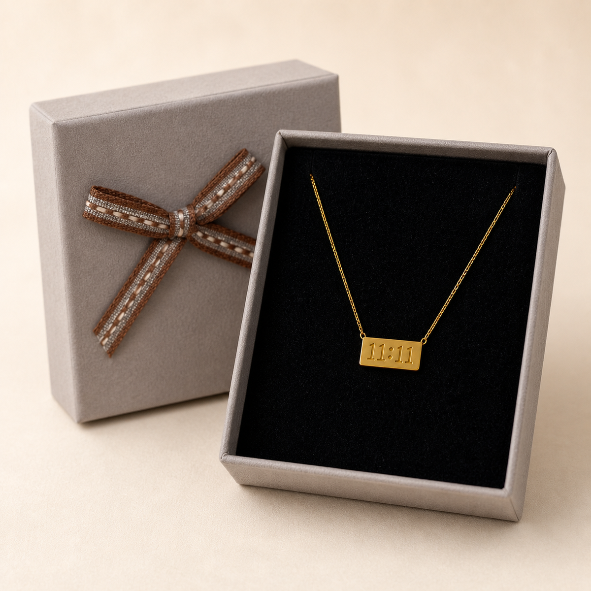 11:11 Engraved Pendant Necklace in a Grey Velvet gift box