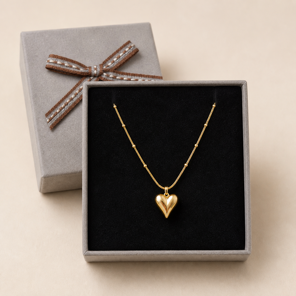 Anti-Tarnish Heart Pendant (Beaded Chain) in a Grey Velvet Box gift box
