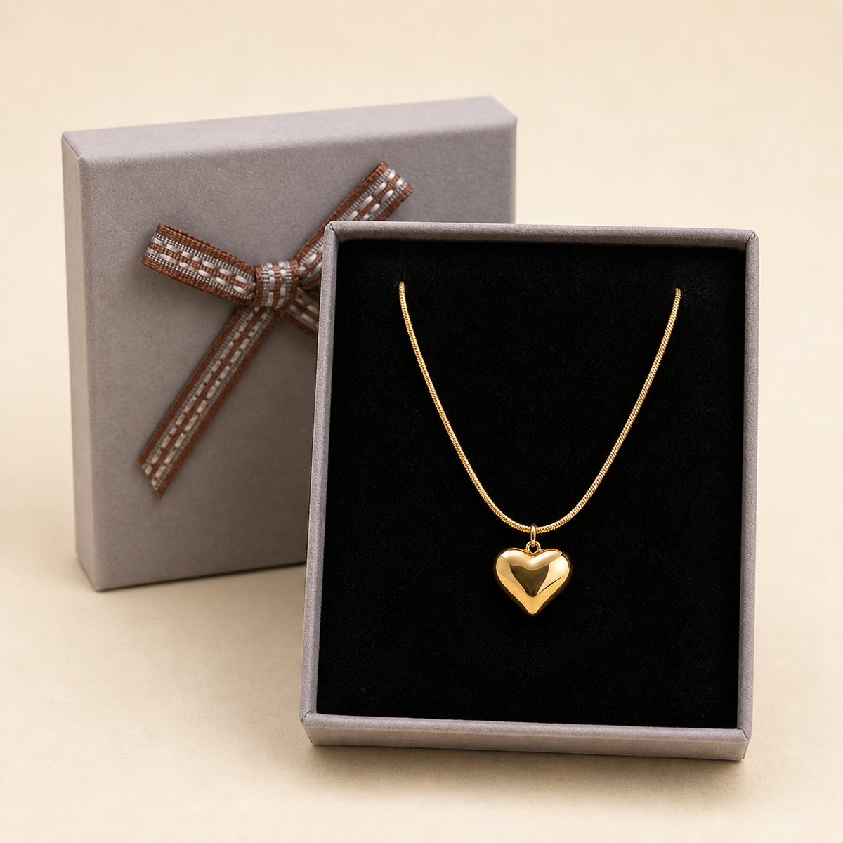 Anti-Tarnish Heart Pendant (Snake Chain) in a Grey Velvet Box gift box