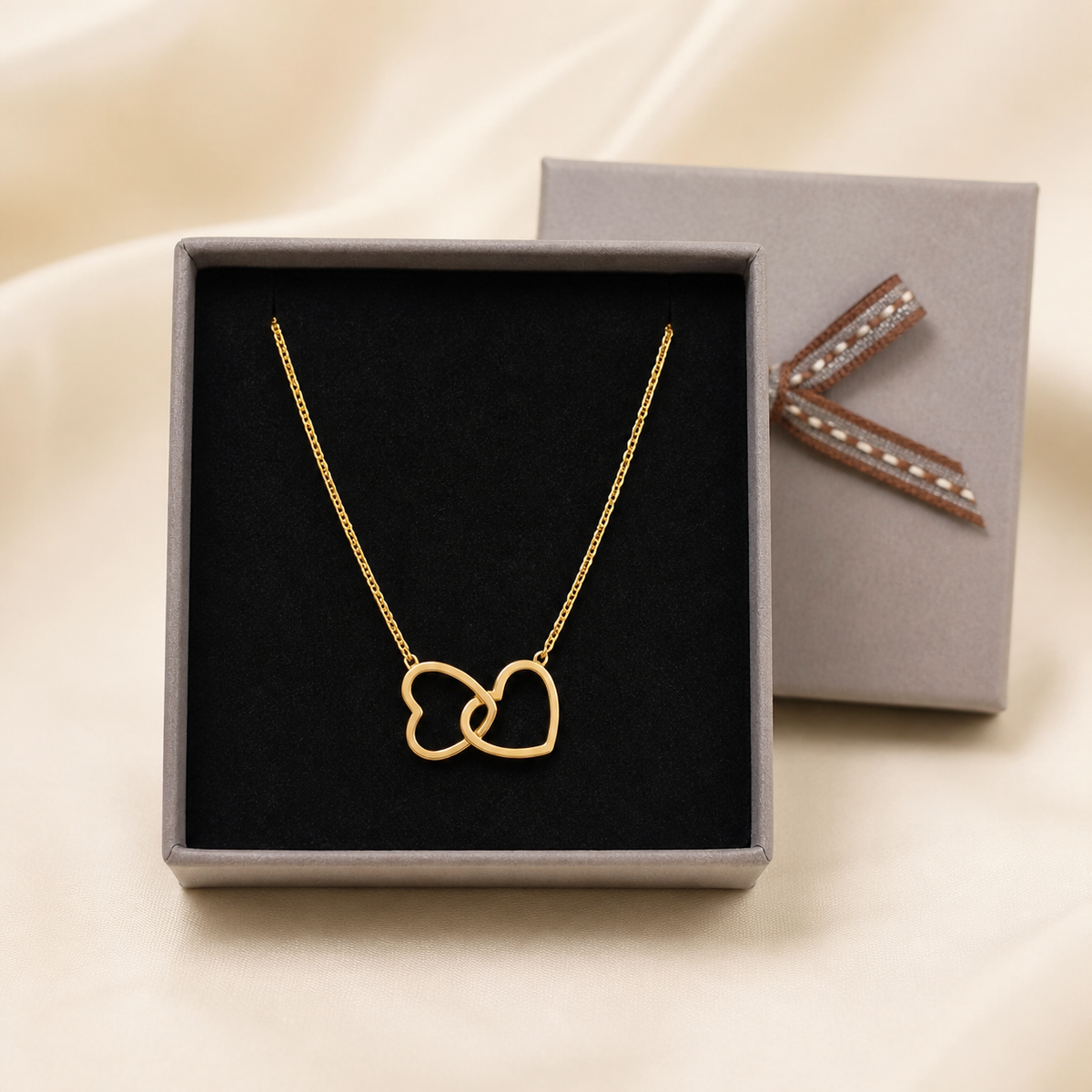 Anti-Tarnish Double Heart Pendant in a Grey Velvet Box gift box