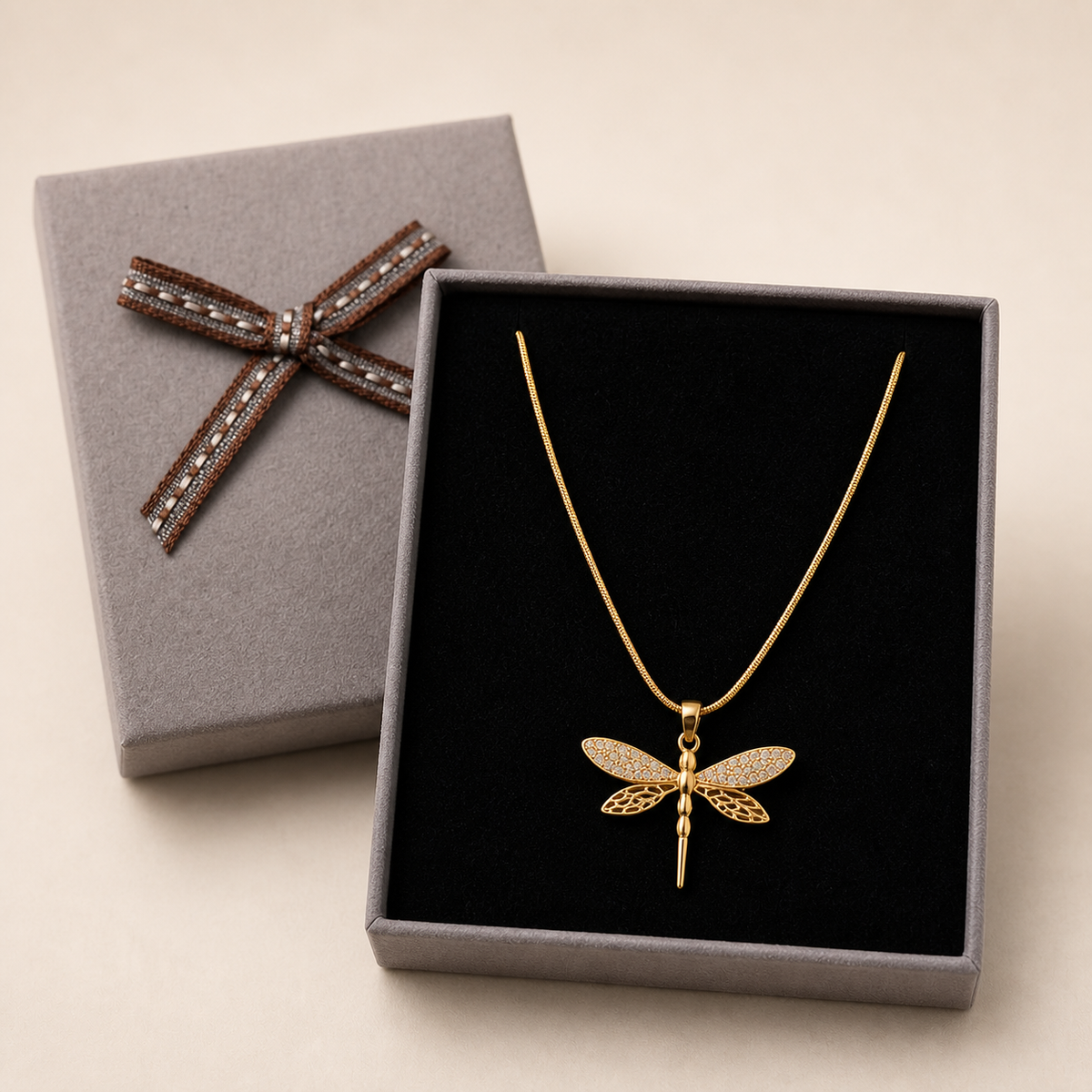 Crystal Dragonfly Pendant Necklace in a Grey Velvet Box gift box