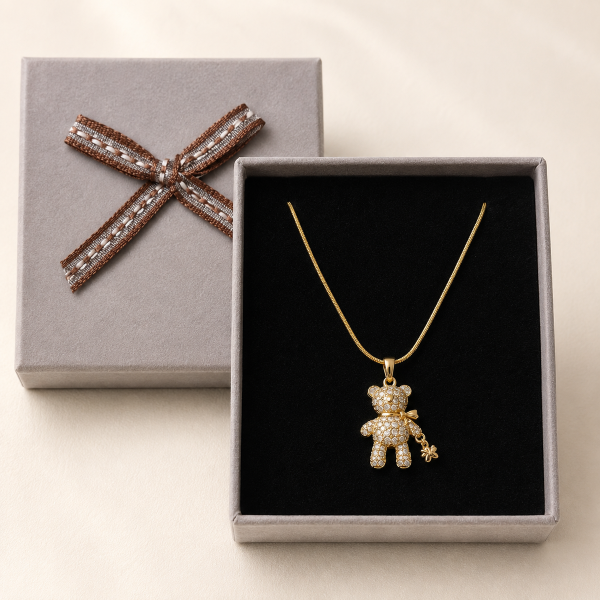 Crystal Teddy Bear Pendant Necklace in a Grey Velvet Box gift box