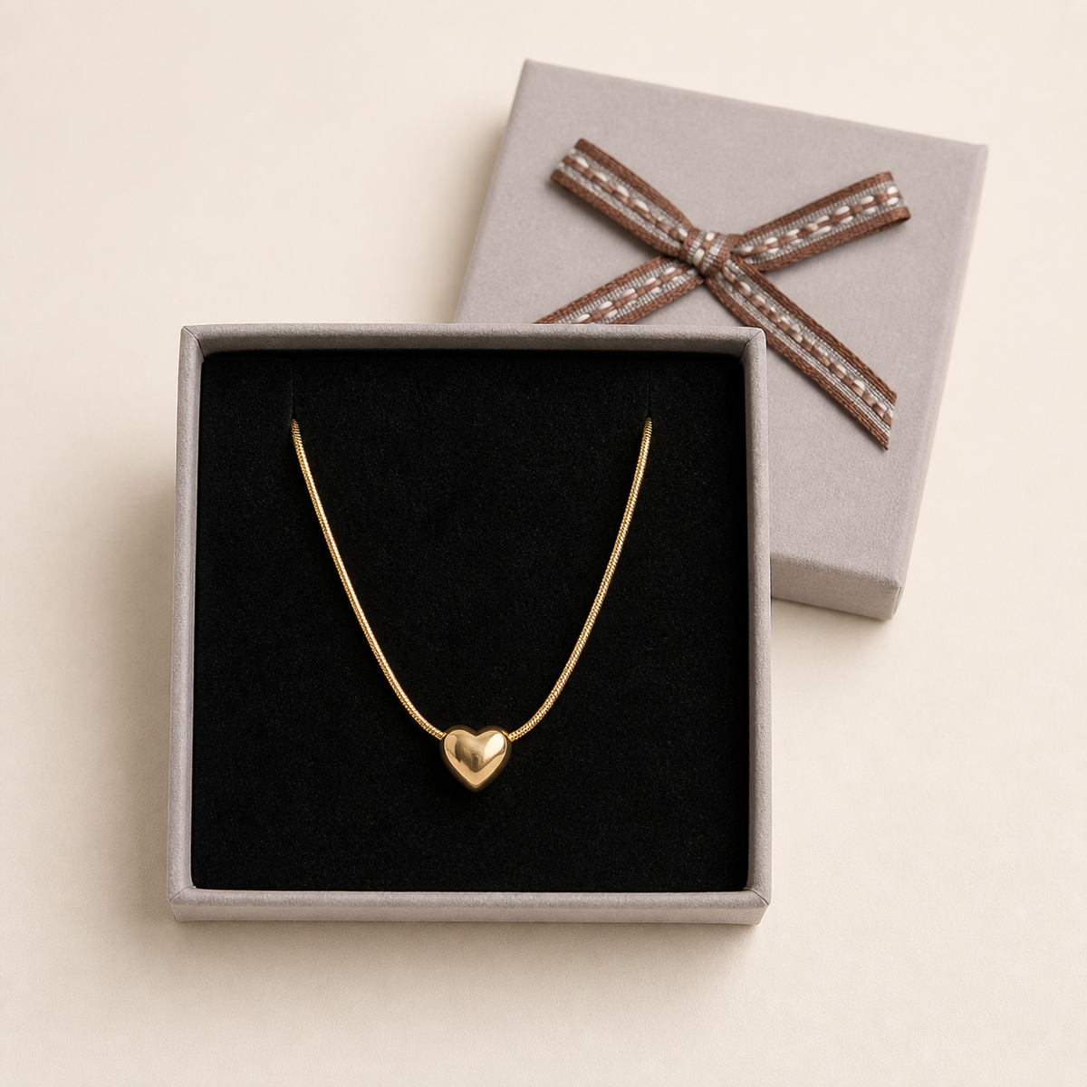 Anti-Tarnish Golden Heart pendant in a Grey Velvet Box gift box