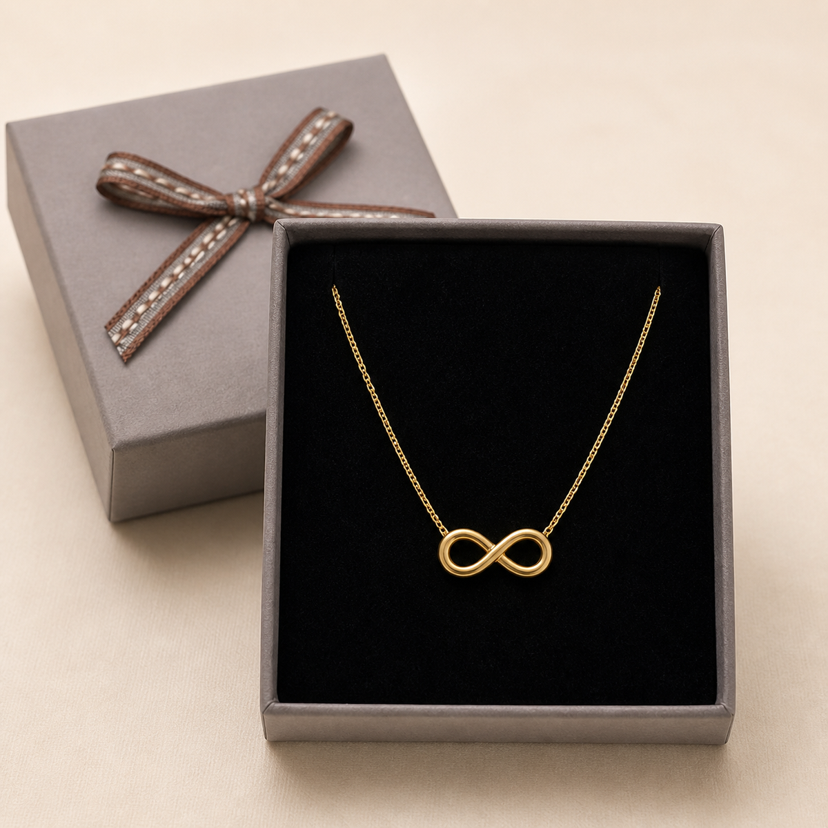 Anti-Tarnish infinity Necklace in a Grey Velvet Box gift box