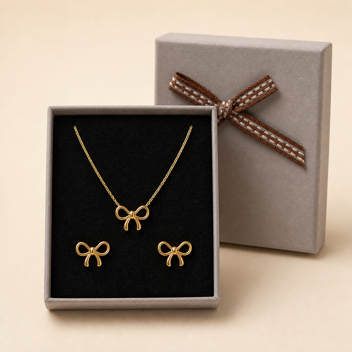 Anti-Tarnish Bow Necklace & Earrings Set in a Grey Velvet Box gift box