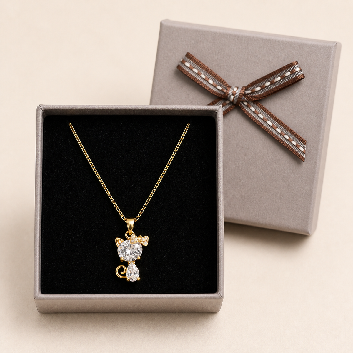 Anti-Tarnish Cat Pendant in a Grey Velvet Box gift box