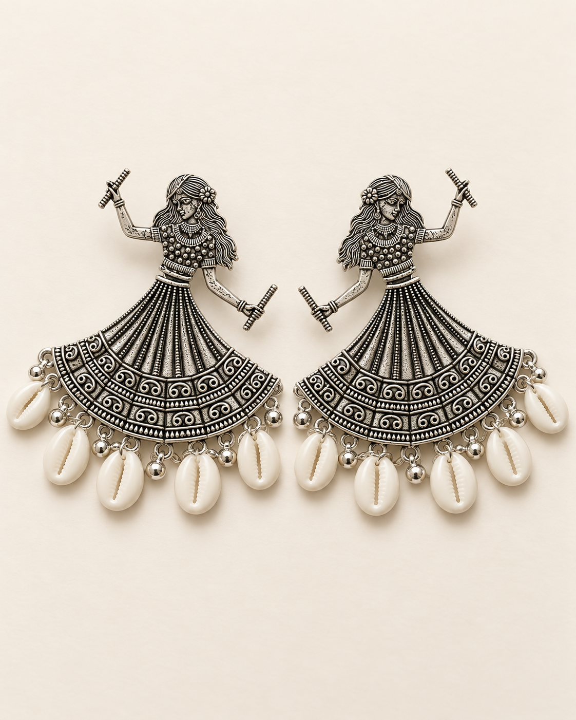 Oxidised silver dandiya dancer earrings with cowrie shells