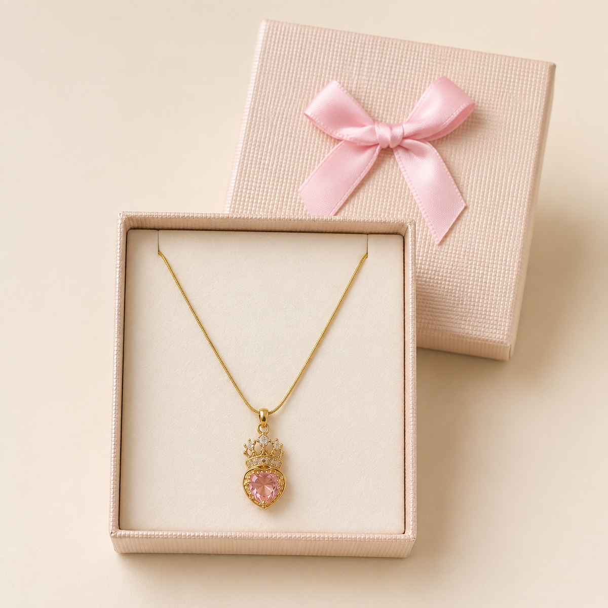 Pink Crystal Crown Pendant Necklace in a Cream Bow Box gift box