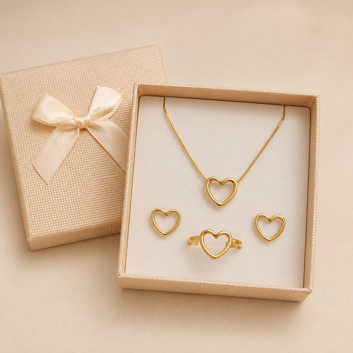 Open heart pendant with earrings and Ring in a Cream Bow Box gift box