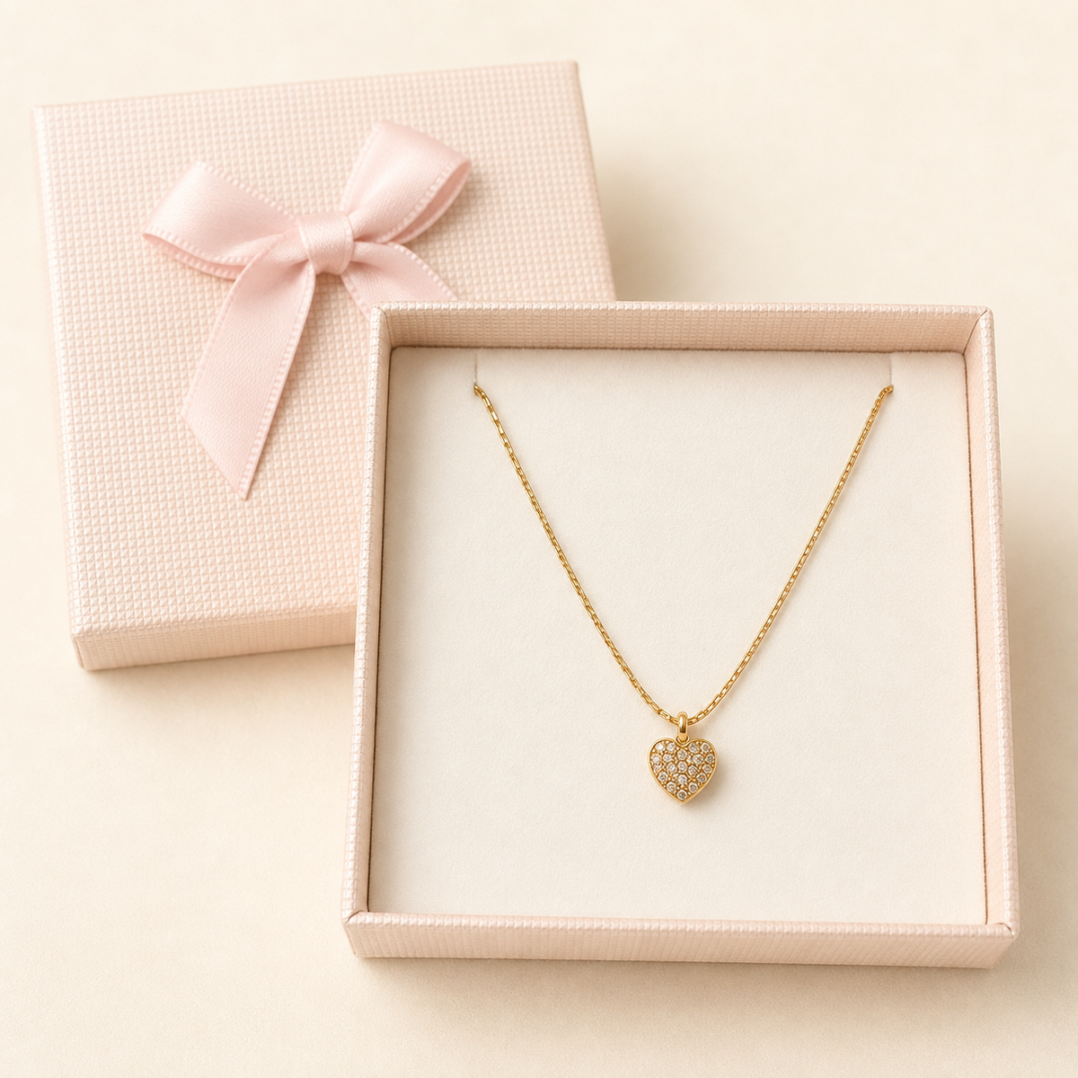 Crystal Pavé Heart Pendant Necklace in a Cream Bow Box gift box