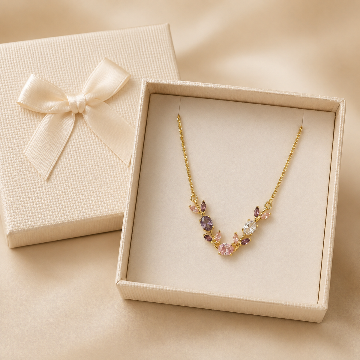 Multicolor Tulip Pendant Necklace in a Cream Bow Box gift box