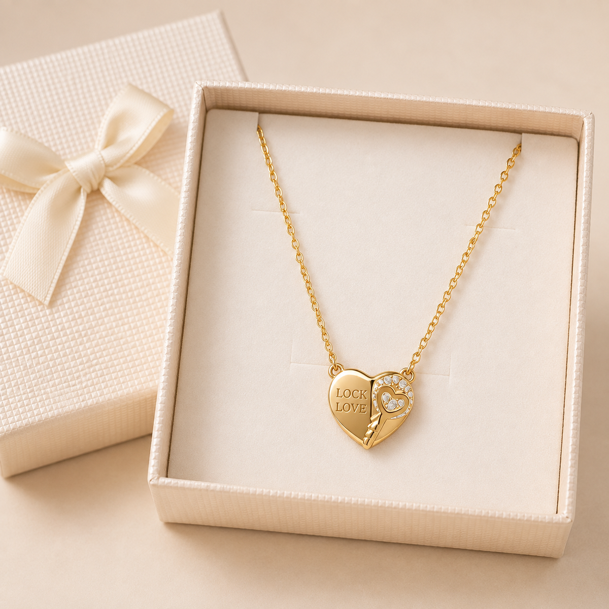 Anti-Tarnish Lock & Love Heart Pendant in a Cream Bow Box gift box