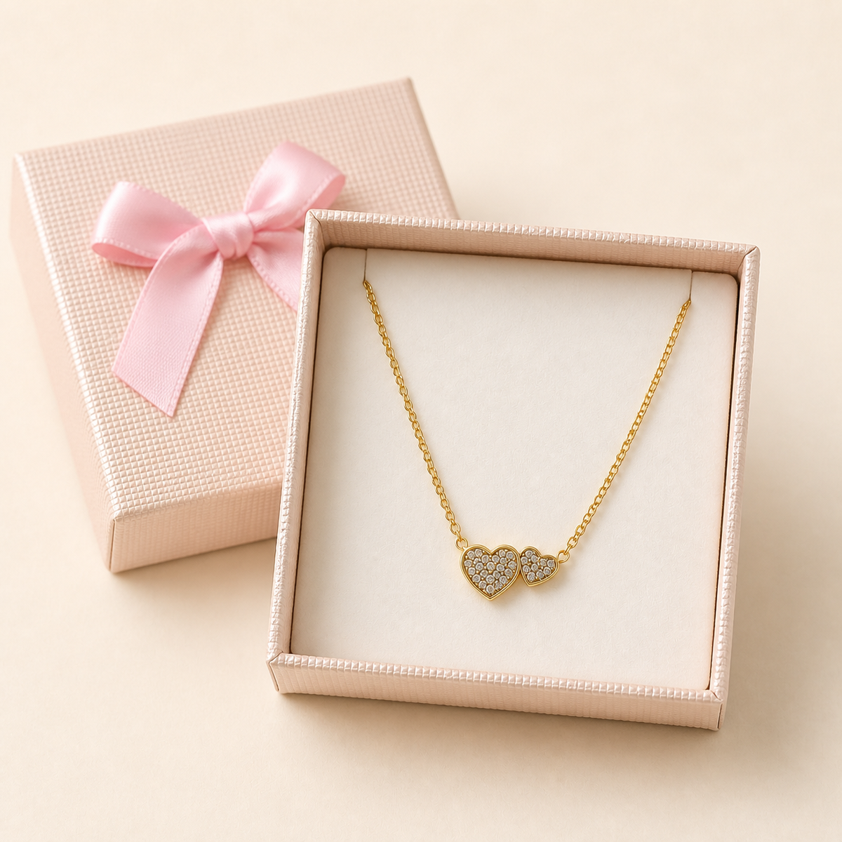 Anti-Tarnish Twin Heart Pendant Necklace in a Cream Bow Box gift box