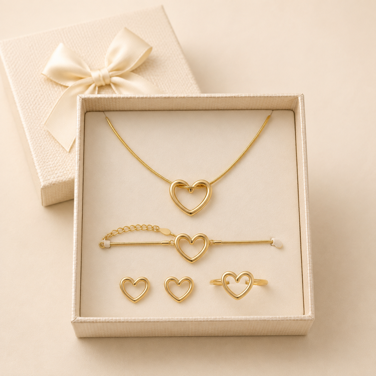 Open Heart Necklace (Earrings, Ring & Bracelet 4-Piece combo) in a Cream Bow Box gift box