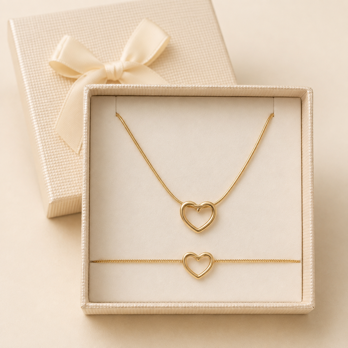 Open heart pendant With Bracelet in a Cream Bow Box gift box