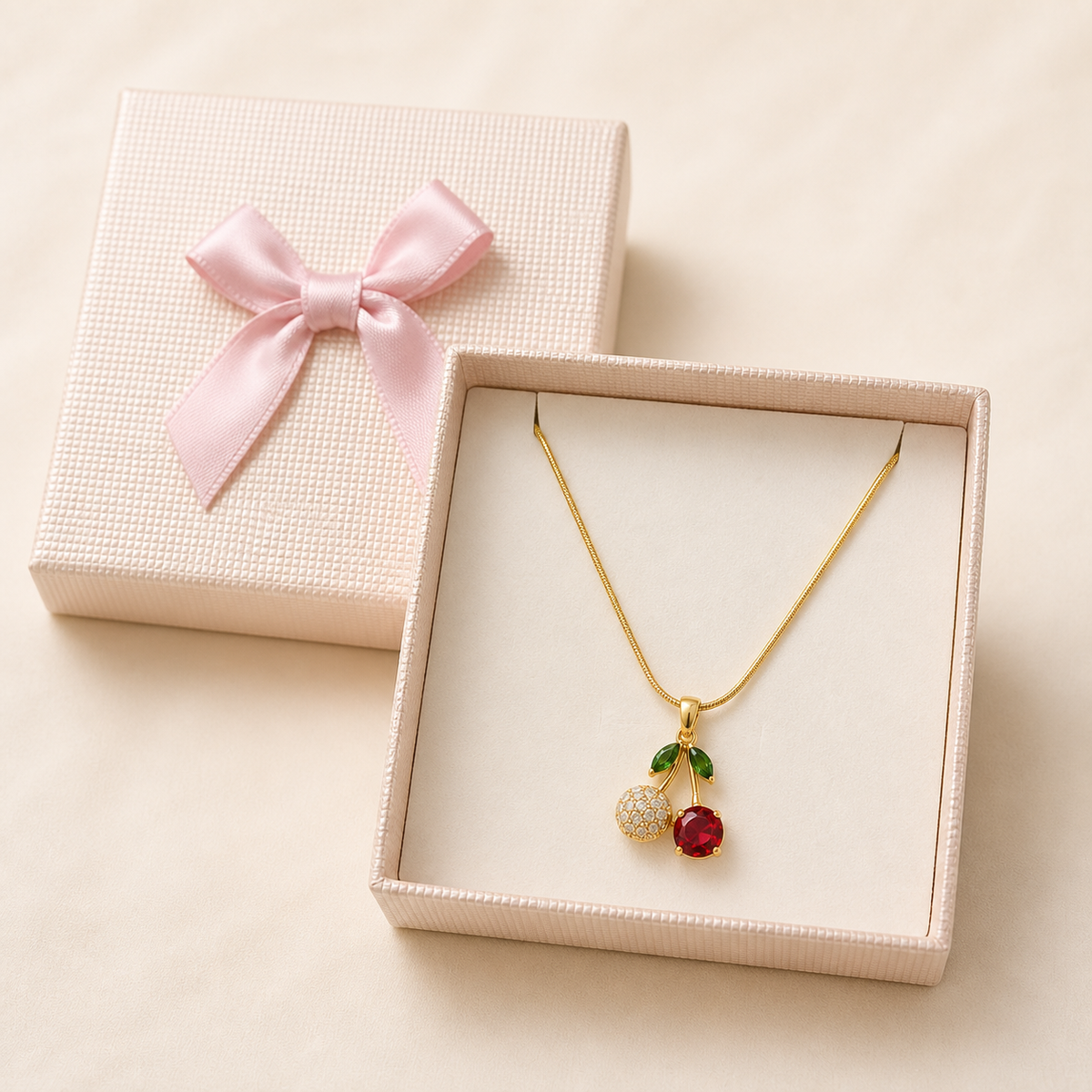 Crystal Cherry Pendant Necklace in a Cream Bow Box gift box