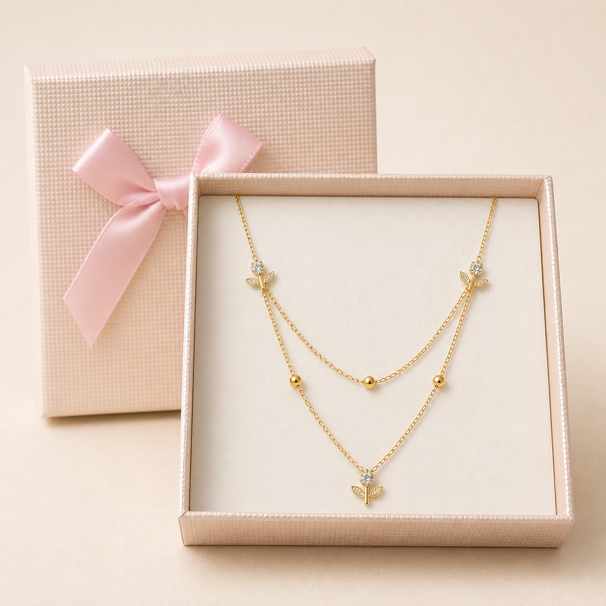 Double-Layer Floral Charm Necklace in a Cream Bow Box gift box