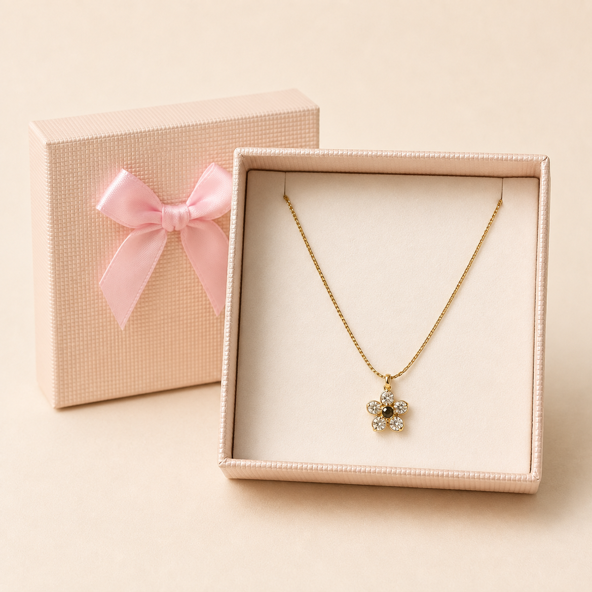 Crystal Flower Pendant Necklace in a Cream Bow Box gift box